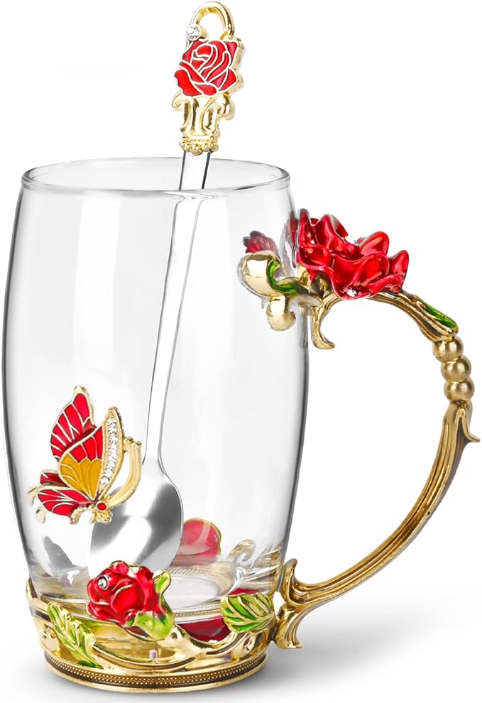OEAGO Gifts for Women Mom Mothers Tea Cup Best Birthday Butterfly Rose Gifts for Her from Daughter Son Glass Coffee Christmas Enamels Mug Lead-Free with Spoon Set