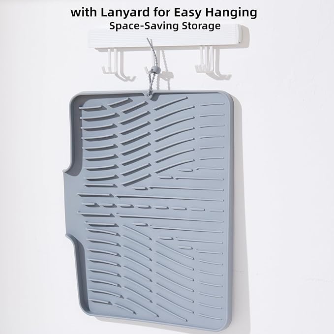 Silicone Dish Drying Mat for Kitchen Counter Sink,16"x13" Gray Rubber Dish Drying Mat with Drain Lip & Lanyard,Non-Slip dish drying Pad,silicone drying mat easy clean dish drain mat