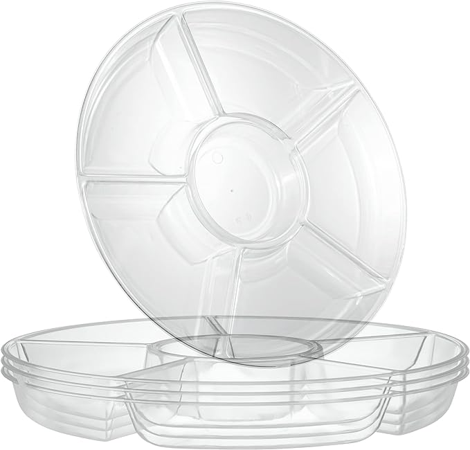 Plasticpro 6 Sectional Round Plastic Serving Tray/Platters Clear Pack of 2