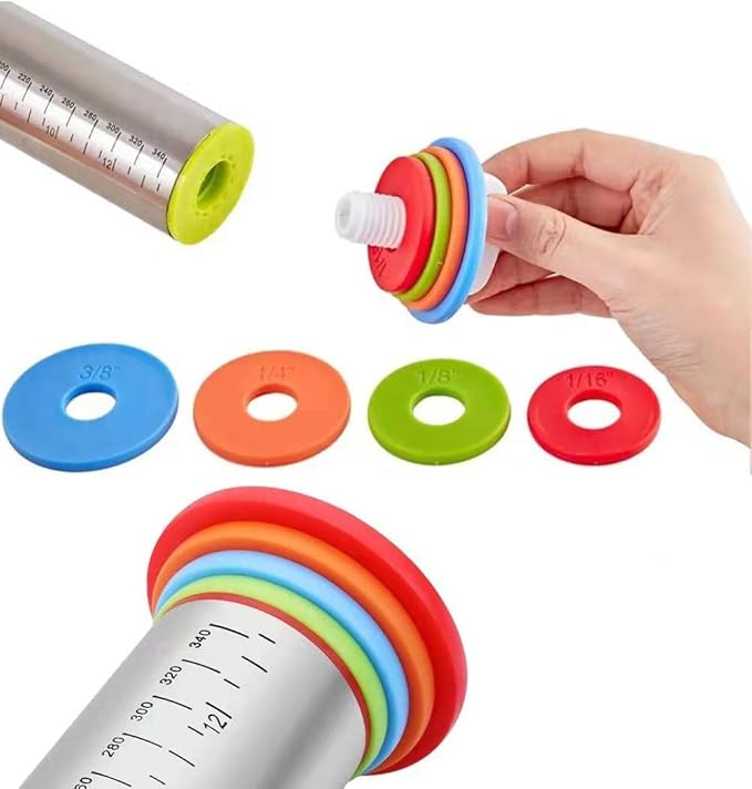 Adjustable Rolling Pin with Thickness Rings for Baking,17" Stainless Steel Dough Roller,Measurement Markings Rolling Pins For Pizza, tortilla,Pie,Pasta,Fondant,Cookies,Perfect for Chefs & Home Bakers