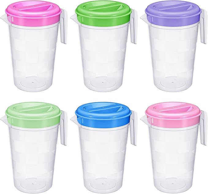 Honeydak 6 Pcs 70 Oz Round Clear Plastic Pitcher with Lid & Handle for Water Iced Tea Beverages (6 Packs Assorted Color) Jarras Para Aguas Frescas Plastic Pitcher for Easy Pouring