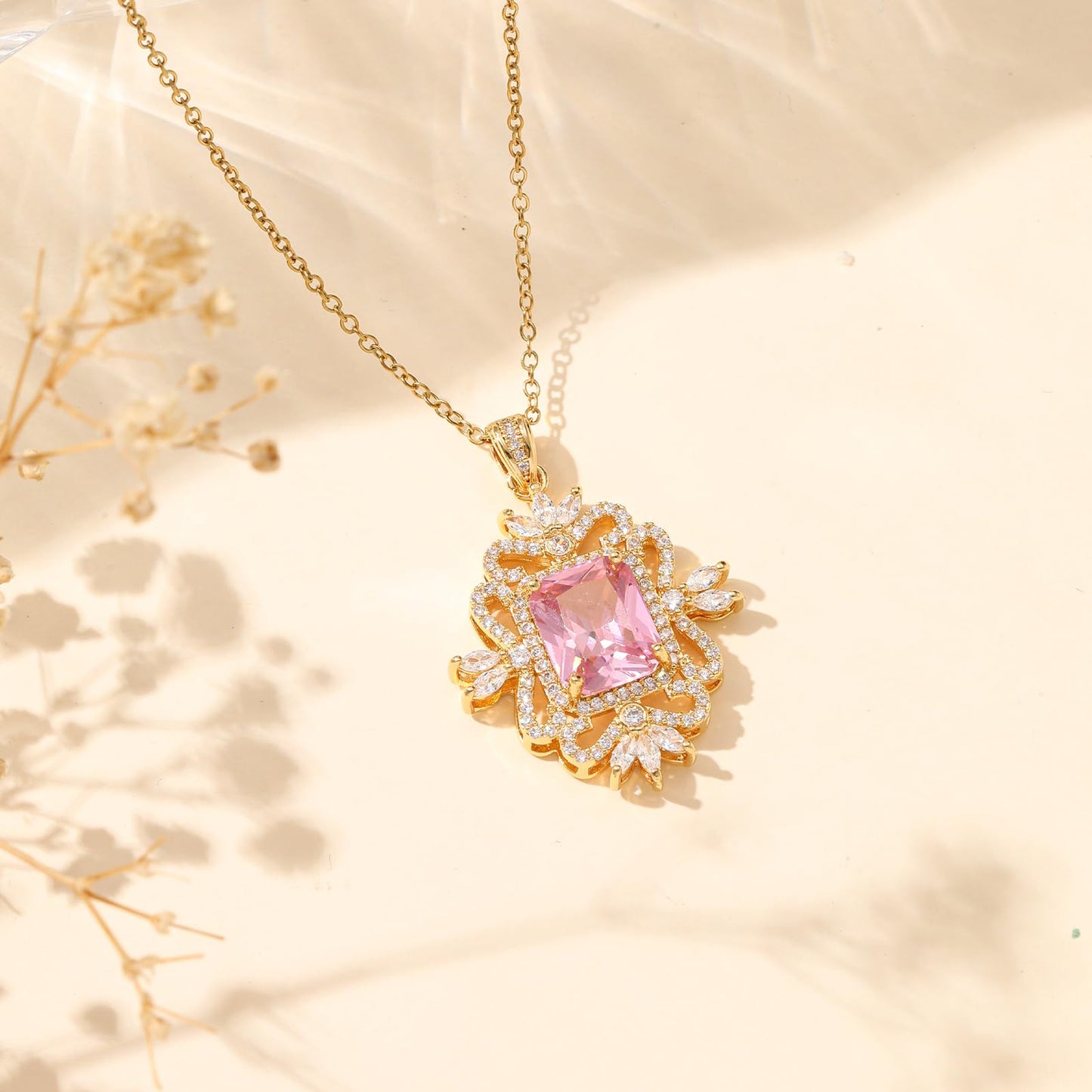 Pink Square October Birthstone Rose Quartz Necklace for Women-Gold Plated Rose Quartz Jewelry Waterproof Non Tarnish Baroque Maximalist Jewelry For Birthday Valentines Day Mother's Day Christmas Thanksgiving Gifts