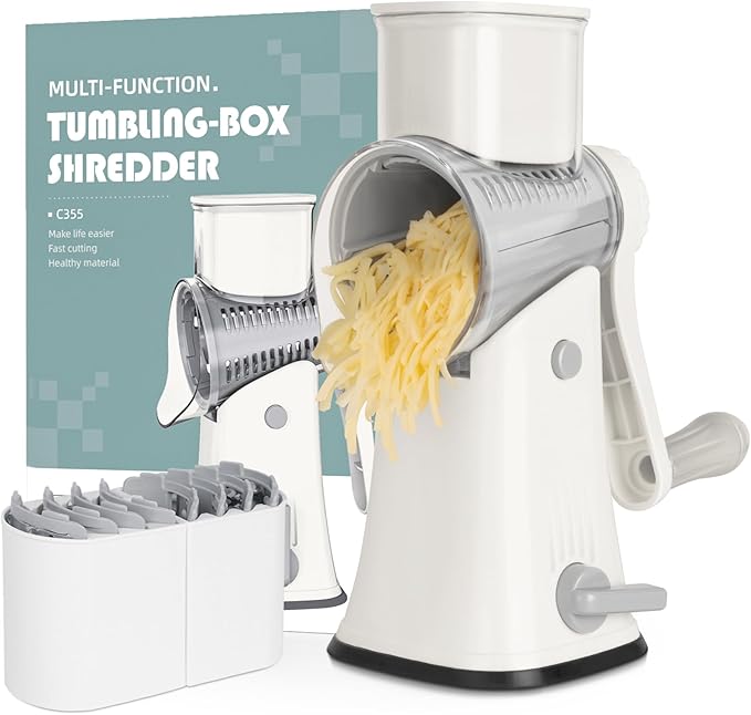 X Home 5-in-1 Rotary Cheese Grater for Kitchen, Upgraded Hand Crank Shredder with Stronger Suction Base & Multifunctional Drum Blades, for Cheese, Vegetables and Nuts, Easy to Use and Clean, White
