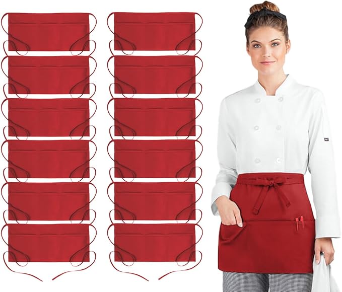 Avalon Kitchen Server Aprons with 3 Pockets, 100% Polyester Waist Apron with Pockets, 24x12 Inche Waitress Apron with Pockets