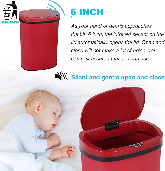 Bigacc 13 Gallon 50L Touch Free Automatic Stainless Steel Trash Can Garbage Can Metal Trash Bin with Lid for Kitchen Living Room Office Bathroom, Electronic Motion Sensor Automatic Trash Can - Red