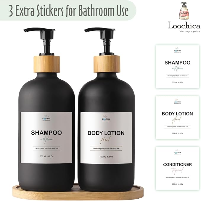 LOOCHICA 2 Pack Black Glass Soap Dispenser Set with Tray, Hand and Dish Glass Soap Dispensers for Kitchen Sink, Matte Black Soap Dispenser Suitable for Kitchen Sink, Rustic Kitchen Décor