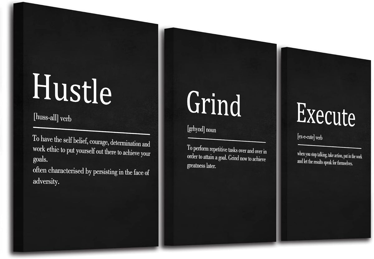 EPHANY Hustle Grind Execute - Wall Hanging Decor, Framed Canvas Office Art, Set of 3 Inspirational Prints