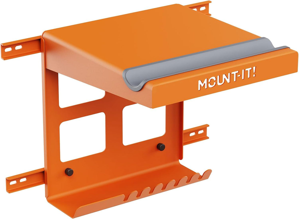 Mount-It! Bike Wall Mount Rack with Shelf and Hooks, Horizontal Indoor Bike Rack Garage Home, Space Saving Wall Mounted Hanger for a single Road, Mountain or other Bicycle with Extra Storage, Orange