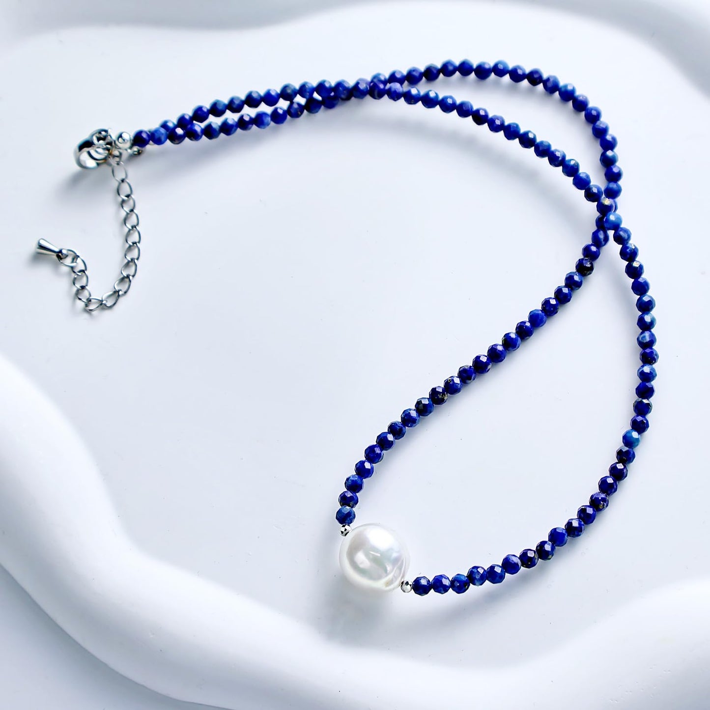 Pearl Necklaces for Women, Single Pearl Necklace Natural Gemstone Bead Choker Lapis Lazuli Necklace Dainty Pearl Beaded Necklace Handmade Jewelry Christmas Gift Birthday Anniversary 18 inch
