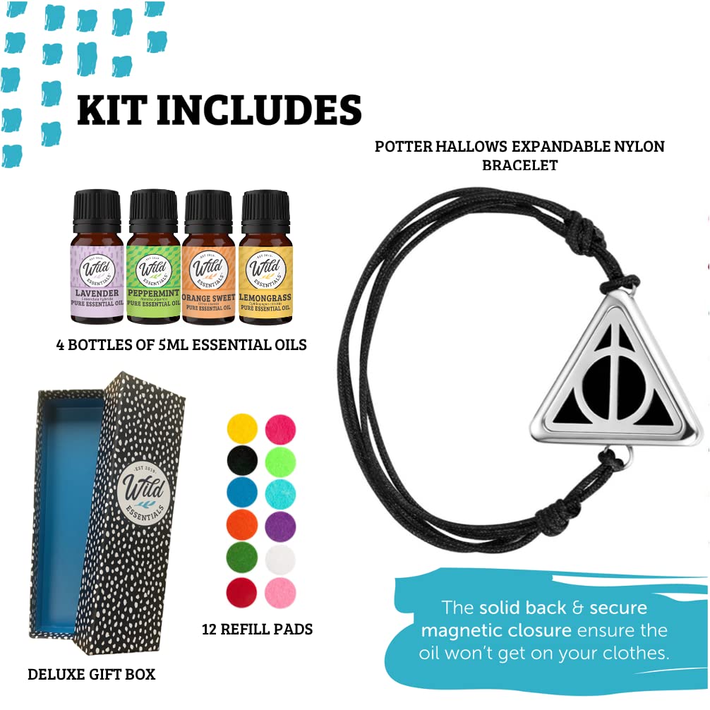 Wild Essentials Potter Hallows Essential Oil Diffuser Bracelet Gift Set with Aromatherapy Pendant, Adjustable Nylon Band, 12 Pads and 100% Pure Oils; Lavender, Lemongrass, Orange and Peppermint