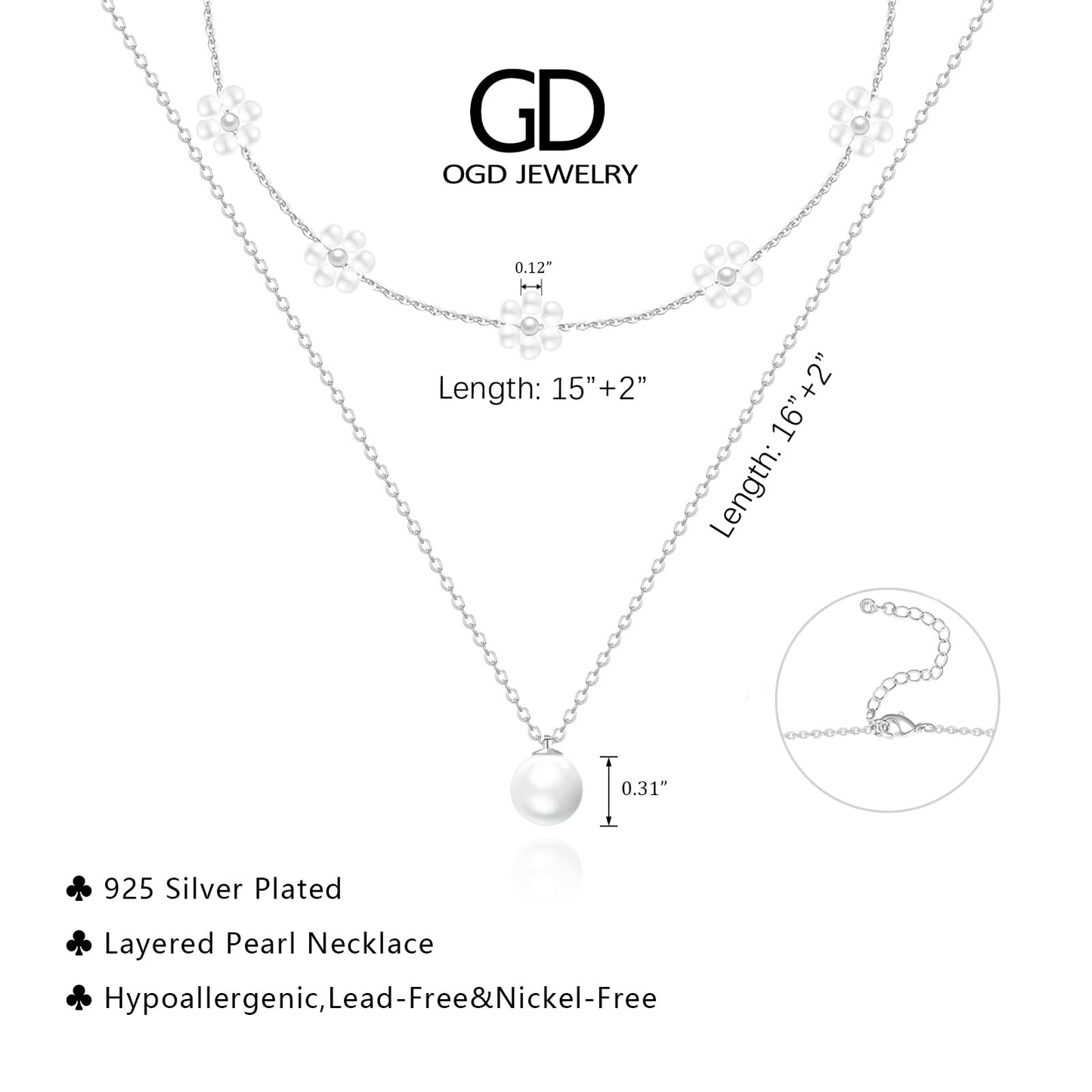 OGD Layered Silver Pearl Necklaces 925 Silver Plated Dainty Layered Single Simple Pearl Choker Chain Cute Daisy Pearls Choker Necklace Set Flower Necklaces for Women Trendy Jewelry Gifts