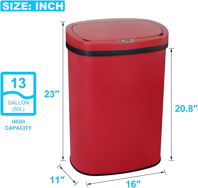 Bigacc 13 Gallon 50L Touch Free Automatic Stainless Steel Trash Can Garbage Can Metal Trash Bin with Lid for Kitchen Living Room Office Bathroom, Electronic Motion Sensor Automatic Trash Can - Red