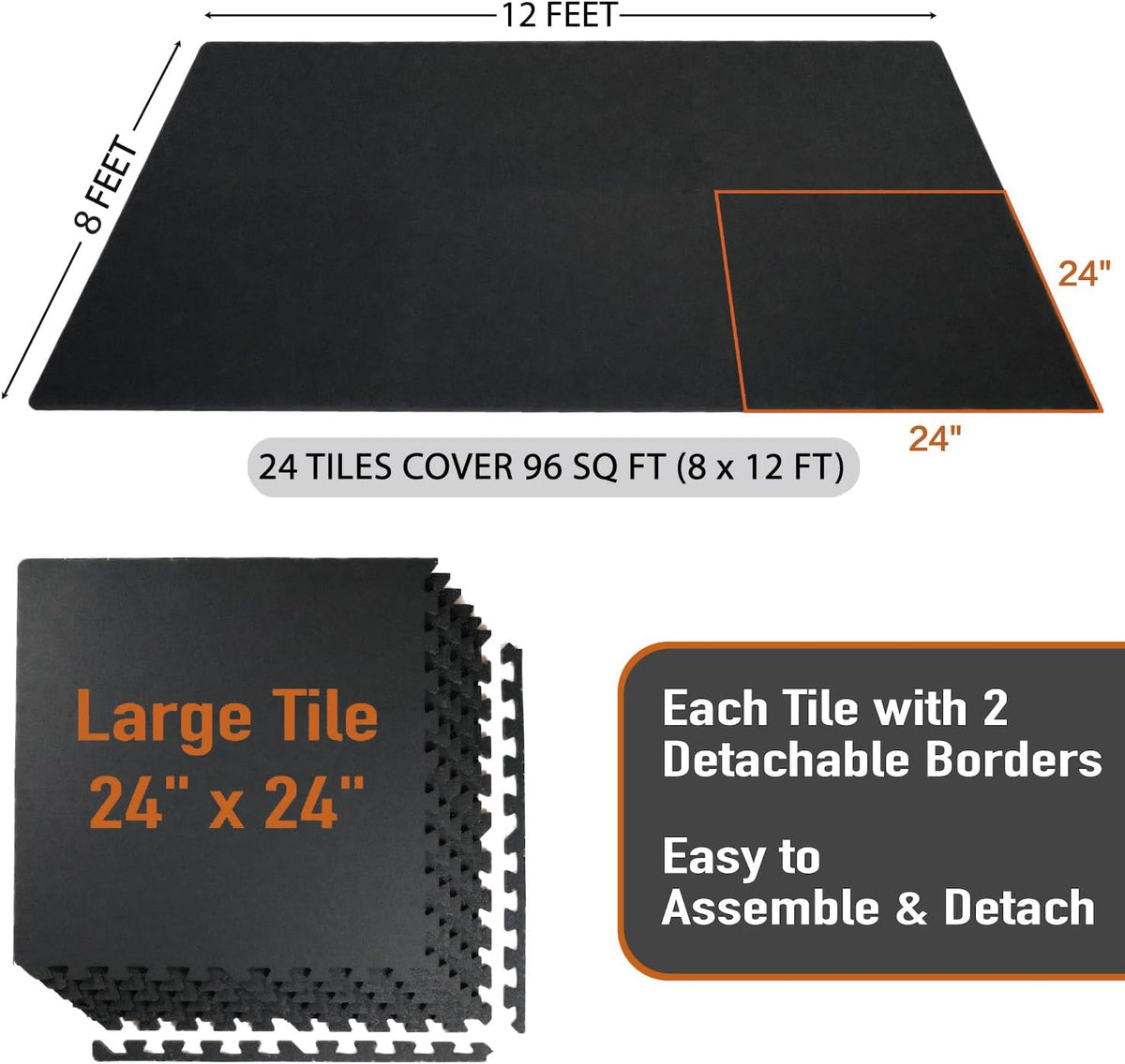AIRHOP 0.56in Thick 96 Sq Ft Exercise Equipment Mats, 24 Tiles Upgraded Rubber Top with High Density EVA Foam, Large Interlocking Puzzle Gym Flooring for Home Gym, Heavy Weight Workout,Black