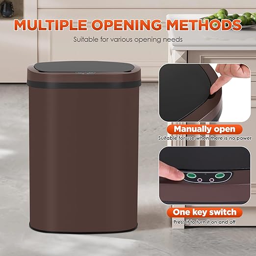 PayLessHere | 13 Gallon Stainless Steel Trash Can | Brown | Automatic Touchless Lid with Motion Sensor | Kitchen Garbage Can with Waterproof Design | for Home, Office, Bathroom | Pack of 1