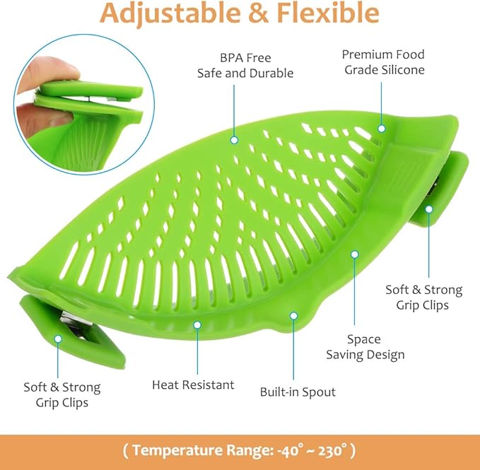YEVIOR Clip on Strainer for Pots Pan Pasta, Silicone Food Strainer Hands-Free Pan Strainer, Clip-on Kitchen Food Strainer for Spaghetti, Pasta, Ground Beef Fits All Bowls and Pots (Green)