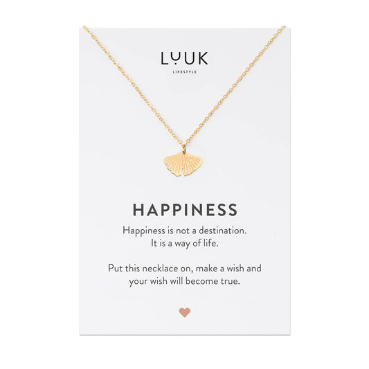 LUUK LIFESTYLE Necklace for women with ginkgo leaf pendant and HAPPINESS gift card, modern and minimalist fashion accessory, jewelry for everyday wear, good luck charm, zen yoga gift, gold