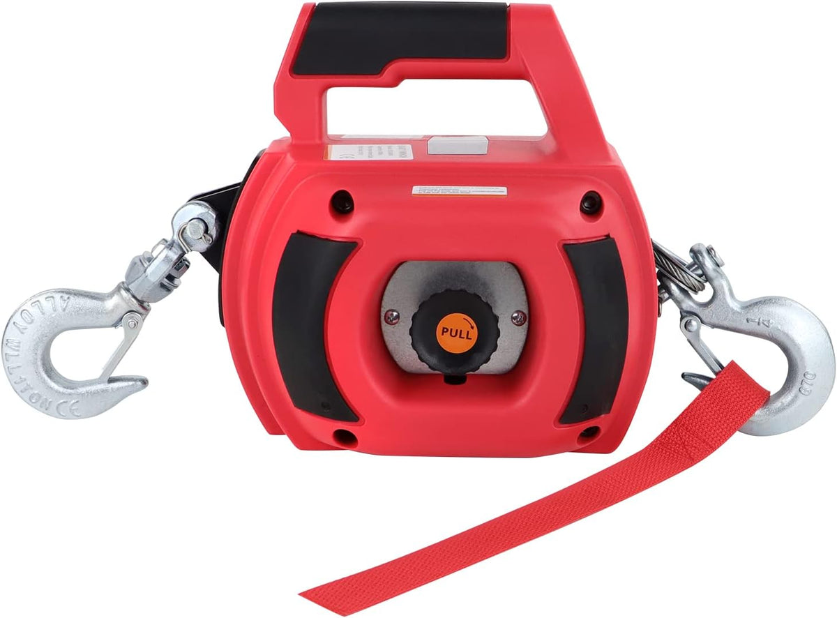 Portable Drill Winch, Rotate The Hook 360 Degrees, Red Handheld Drill Winch/Hoist of 750 LB Capacity with 40 Foot Alloy Wire Rope for Lifting & Dragging, Stretched Wire Fence, Log Handling.
