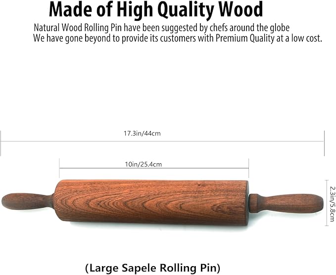 Classic Sapele Wooden Rolling Pin With Handles,Wood Baking Roller Large (17.3"L x 2.3"W)