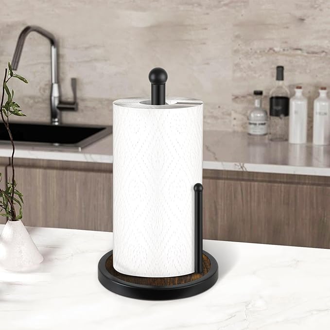 YINMIT Paper Towel Holder Countertop, Standing Paper Towel Roll Holder with Wooden Base, Rustic Farmhouse Paper Towel Holders for Kitchen Counter, Fits Standard or Jumbo-Sized Rolls