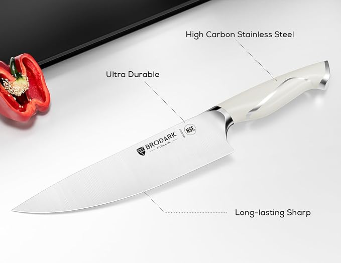 BRODARK Kitchen Knife Sets with Block and Built-in Sharpener - Ultra Sharp15 Pcs Full Tang Professional Chef Knife Set, High Carbon Super Steel Cutlery Set, Ivory Series with Gift Box for Mom