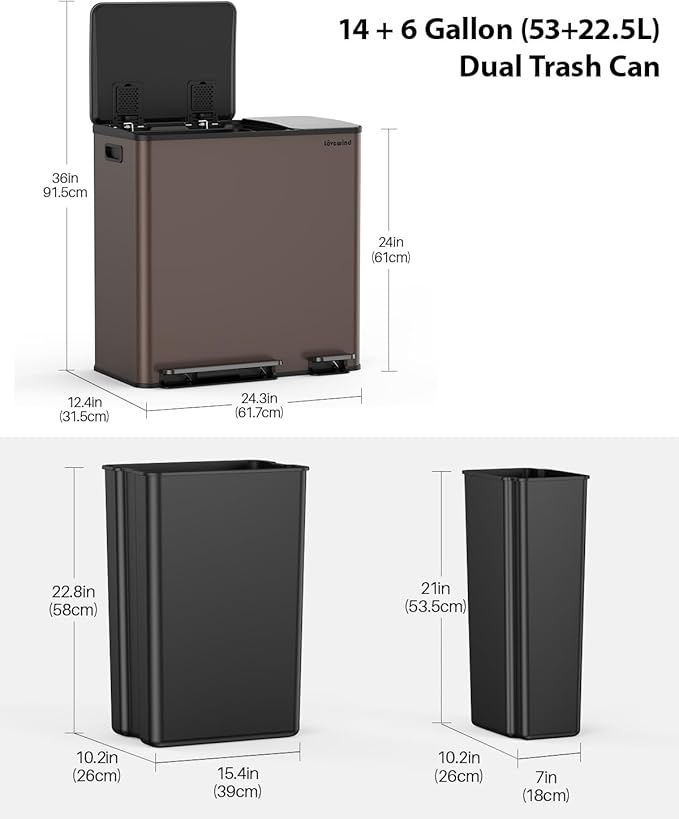 Lovewind Dual Trash Can, 14 + 6 Gallon Garbage Can for Kitchen Dual Compartment Recycling Kitchen Step Trash Bin, Stainless Steel Trash and Recycle Bin Combo with Soft-Close Lid, Brown