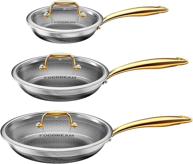 FogDream 8,10,12" Stainless Steel Frying Pan with Lid, Honeycomb Hybrid Nonstick Skillet for Induction & All Cooktops, PFAS/PFOA/PTFE Free, Oven Safe to 500°F, Stay-Cool Handle, Dishwasher Safe, Gold