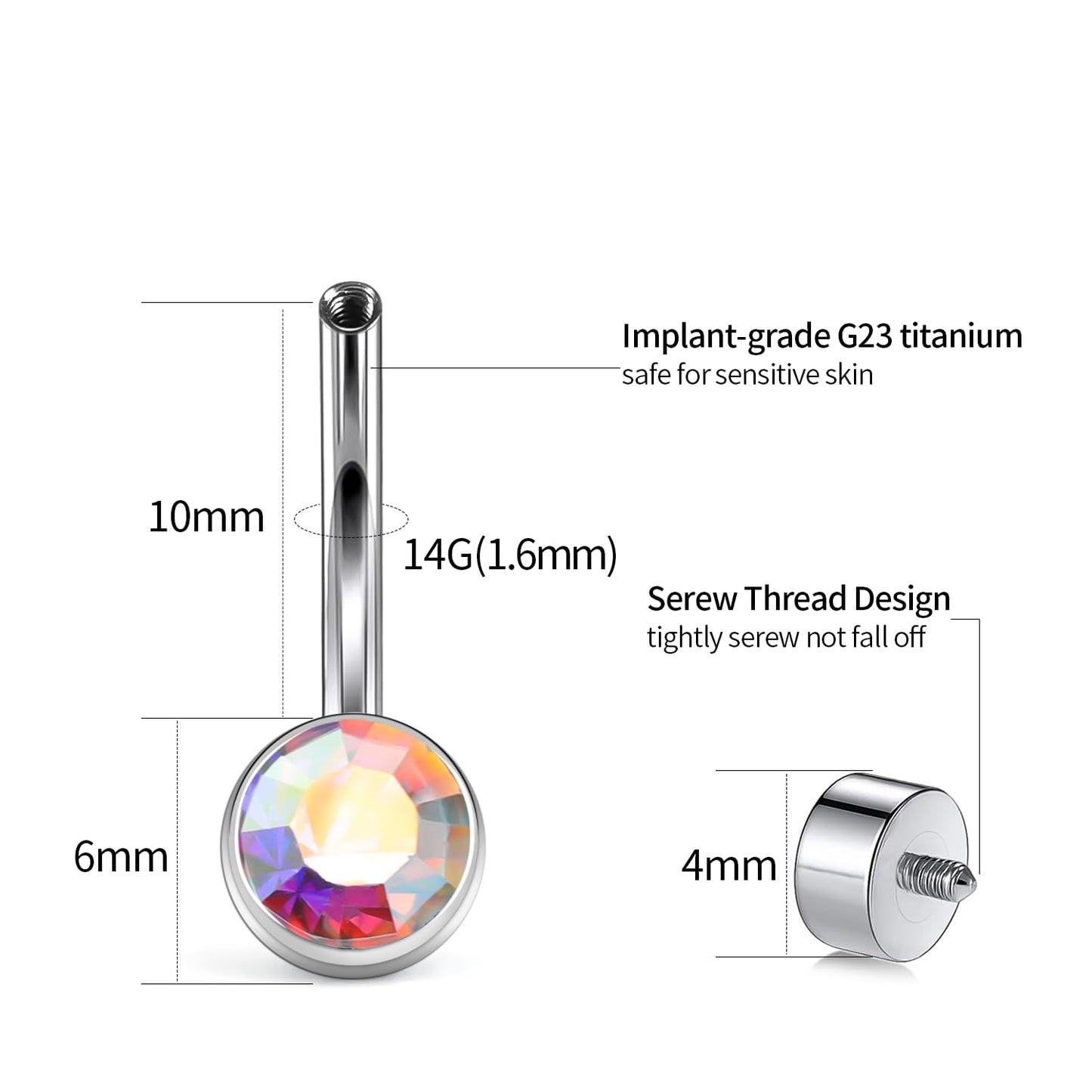 XUU Titanium Belly Button Rings, Black & Silver – 14G Internally Threaded Navel Piercing Jewelry, 10mm & 12mm Curved Barbells with 7 Colors Gems – Hypoallergenic (Silver-AB, 10MM)