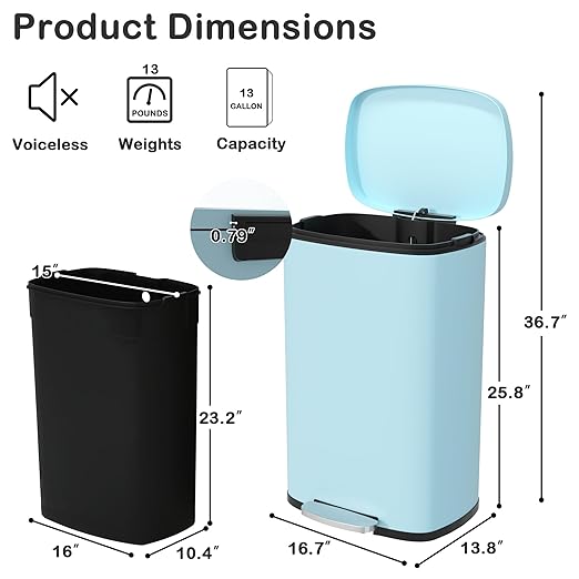 50 Liter / 13 Gallon Kitchen Trash Can with Lid, Stainless Steel Trash Can with Foot Pedal and Plastic Inner Bucket, Fingerprint-Resistant Soft Close Lid Garbage Can, Odor Proof and Hygienic, Blue
