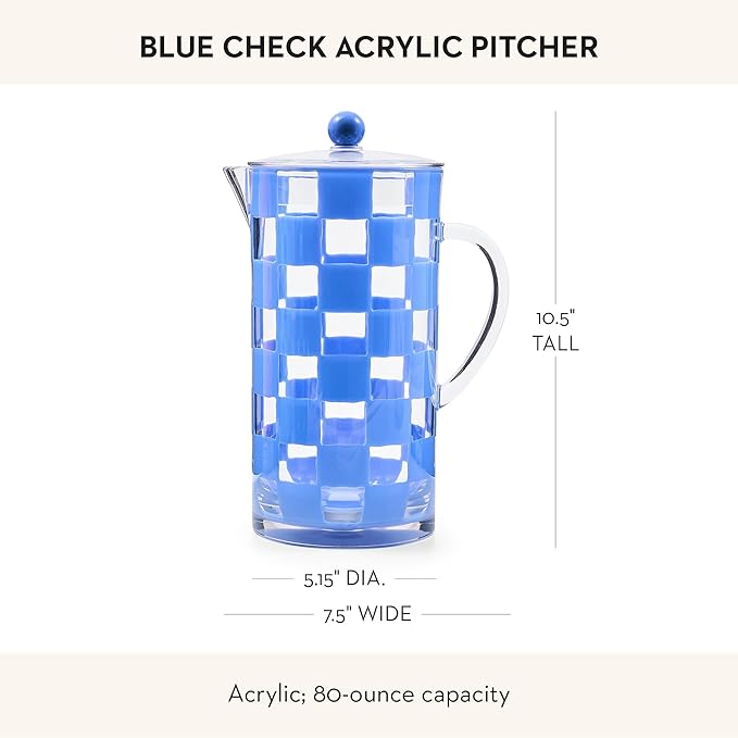 MACKENZIE-CHILDS Acrylic Pitcher with Spout for Water, Lemonade, and Farmhouse Home Decor, 2.5 Quarts, Blue Check