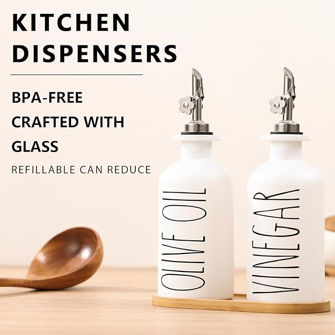 HOMCDALY Premium Olive Oil Dispenser for Kitchen, 11.8oz Glass Oil Bottles with Bamboo Tray, White Oil&Vinegar Cruet Set, Kitchen Dispenser Bottles with Pourer| Set of 2 (11.8oz –P–White)