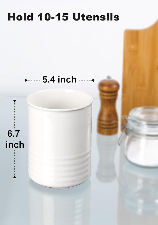 ABRUTY Utensil Holder, 6.7" Ceramic Kitchen Utensil Crock for Countertop Cooking, Modern Utensil Caddy Jar Organizer for Farmhouse Kitchen Counter Decor (White)