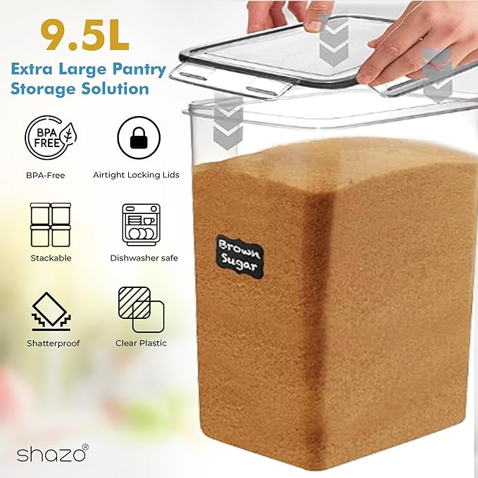 Shazo 2 PC (9.5L | 321 Oz) Extra Large Bulk Food Storage Containers with Airtight Lids for Flour, Sugar, Rice, Cereal & Pasta - Leakproof, BPA-Free Plastic Canisters for Kitchen & Pantry Organization