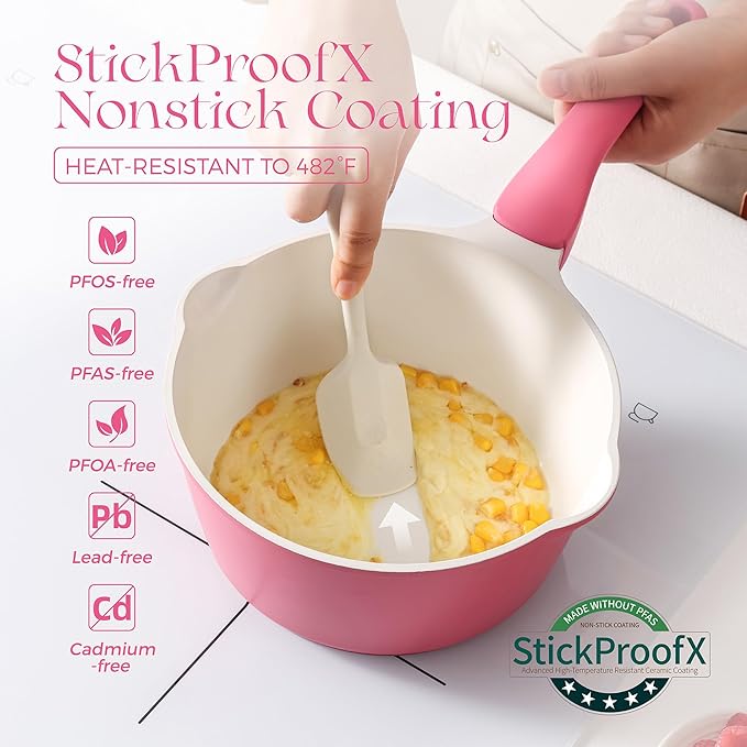 PRICUSIS Ceramic Nonstick Saucepan with Lid, 2 Quart Non Toxic Pot with Pour Spouts, Full Coated, 100% Dishwasher Safe, Induction Compatible & Oven Safe, PTFE PFAS & PFOA Free, Raspberry Red