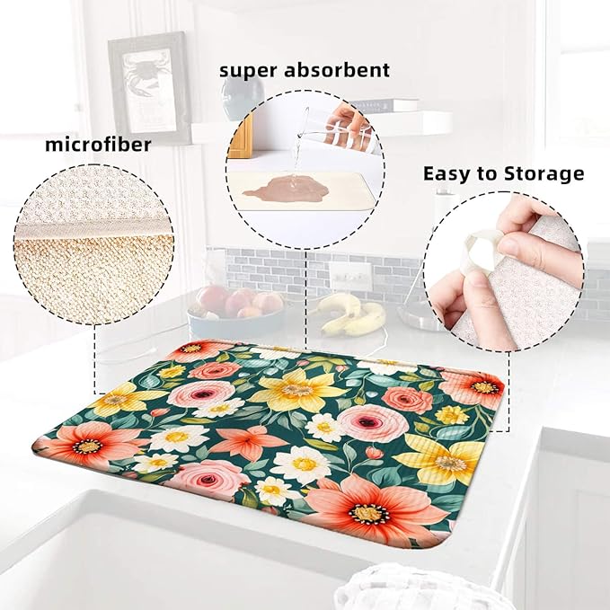 Large Blue Floral Spring Dish Drying Mat for Kitchen Counter 18x24 Microfiber Absorbent - Foldable, Non-Slip, Compact Kitchen XL Drying Mats for Dishes, Countertops, and Cookware