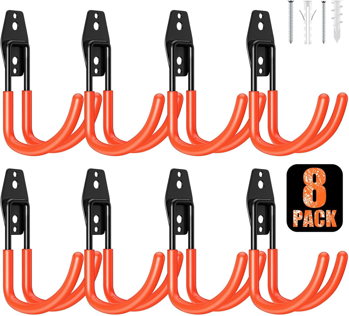 8 Pack 5.5x4.1 inch J Heavy Duty Garage Hooks,Solid Steel Wall Mount Hangers,with Anti-Slip Coating,for Hanging and Organising Ladder,Bike,Ropes,Broom,Garden,Yard and Power Tools