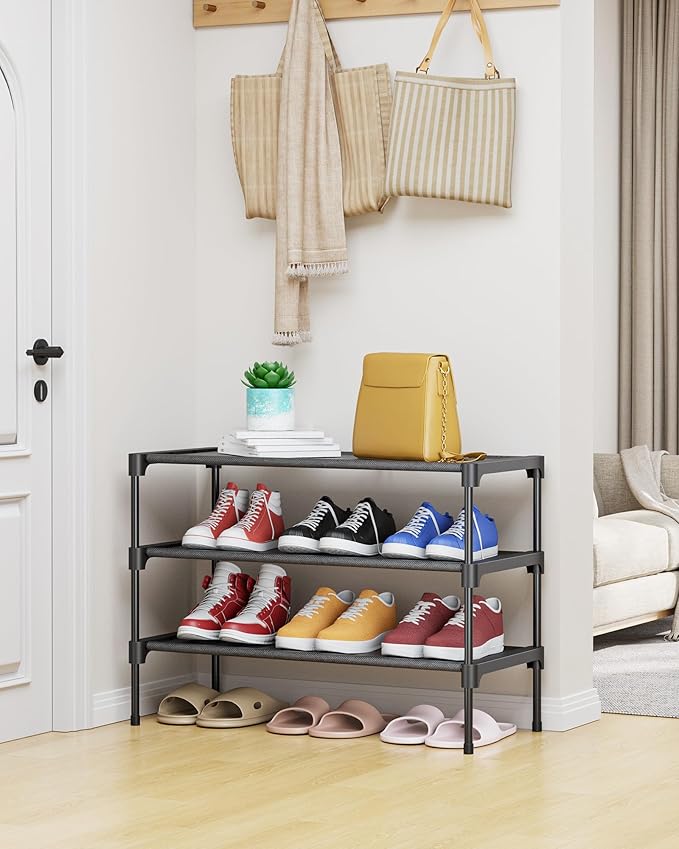 Kitsure Shoe Rack - Non-Woven Shoe Rack Shelf, Shoe Organizer for Closet, Entryway, Garage & Corridor, Stackable Shoe Shelves, 27.5" Wide - 3 Tier, Black