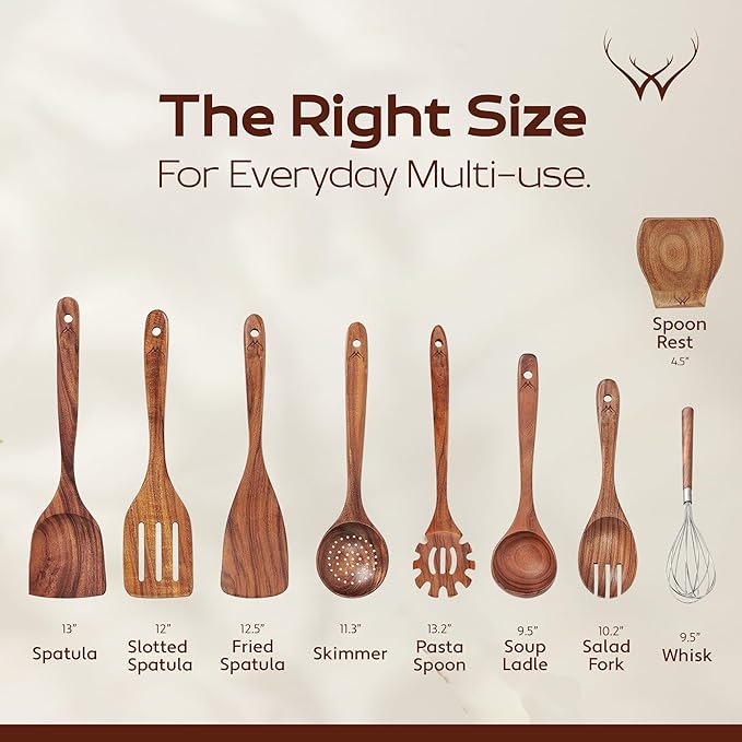 9 Pcs Teak Wooden Spoons for Cooking with Rest - Premium Utensils Set with Long Handles – Heat-Resistant Kitchen Tools for Stirring, Mixing, Serving – Durable Cooking Utensils Set with Spatula