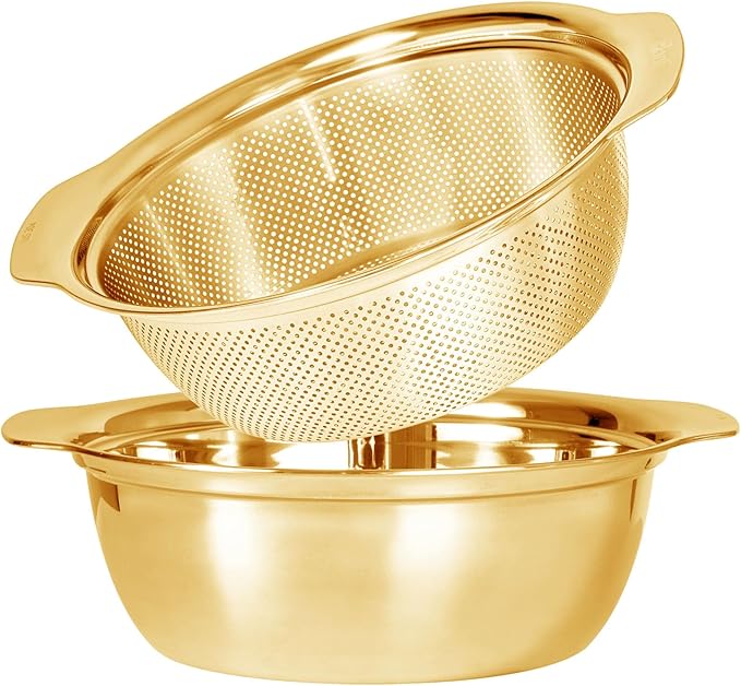 304 Stainless Steel Microporous Colander with Handle, Rice Washers Microporous Strainer Set For washing vegetables, fruits and rice, and draining cooked pasta(2.5QT with handle-Gold)