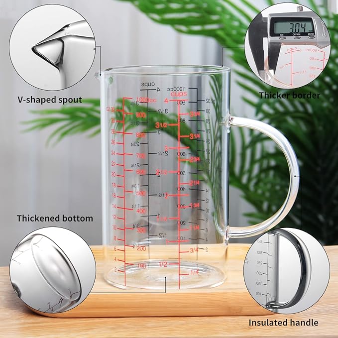 77L Glass Measuring Cup, [Double-Sided Measuring Scale, Insulated handle, V-Shaped Spout], High Borosilicate Glass Measuring Cup for Kitchen or Restaurant, Easy To Read, 1000 ML (1 Liter, 4 Cup)