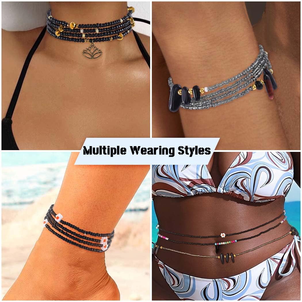 ELABEST 24-39inch African Waist Beads for Women 8Pcs Elastic Belly Beads Colorful Beaded Waist Jewelry Accessories Body Chain (Black, 31.5inch/80cm)