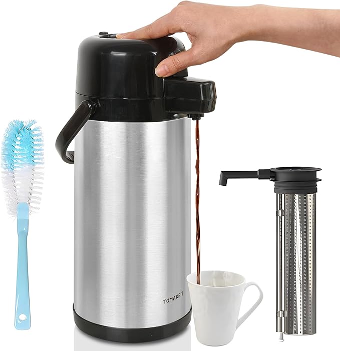 TOMAKEIT Airpot Coffee Dispenser with Pump,102 OZ/ 3L Large Coffee Dispenser with Tea Filter for Party Hot Drinks Water Tea Chocolate Hot/Cold Water, Insulated Stainless Steel Thermal Carafes