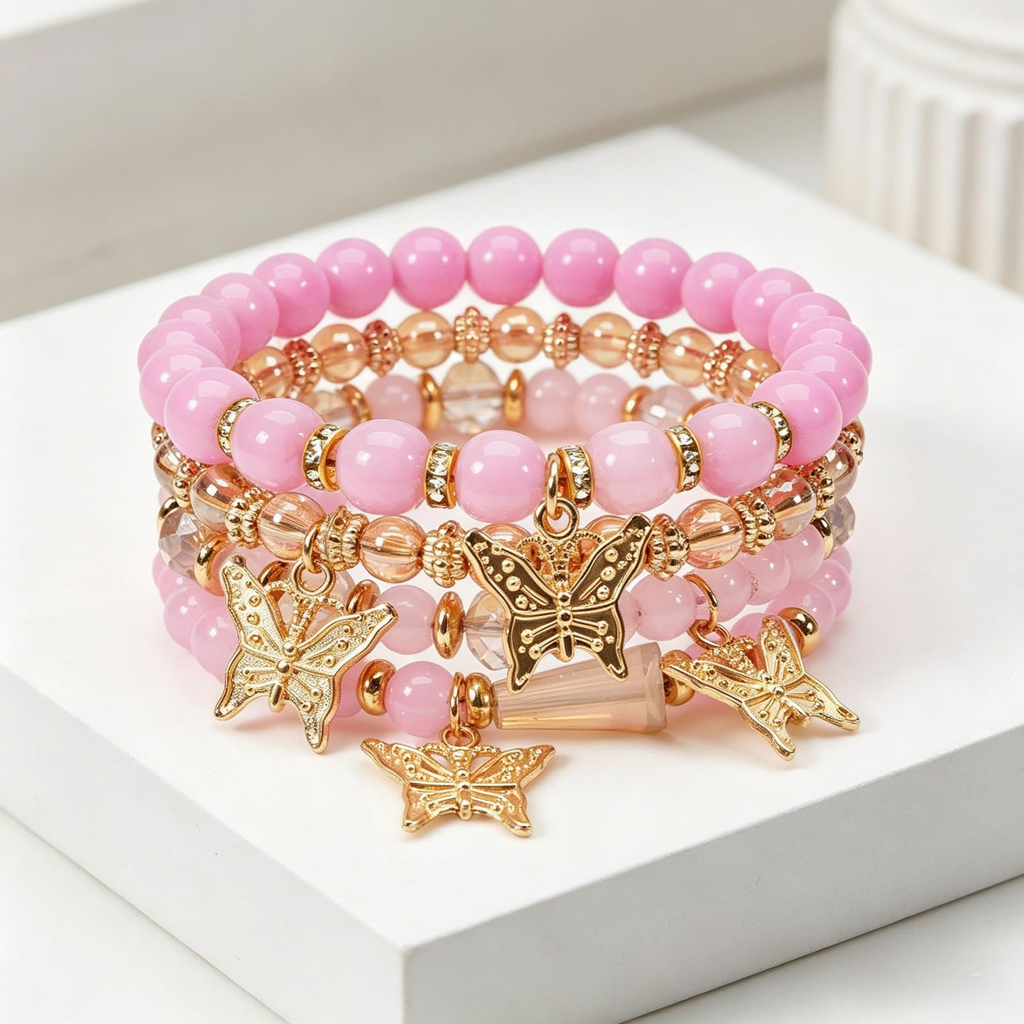 Briutn Butterfly Charm Stackable Beaded Bracelet Set Bohimian Pink Layered Stretch Bracelets Gifts for Women Boho Jewelry