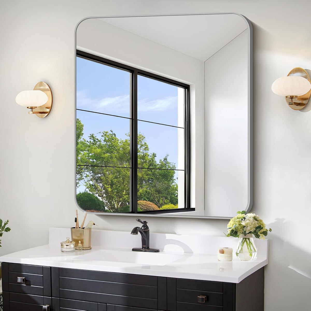FORBATH 40x36 Inch Silver Bathroom Mirror for Over Sink, Large Rectangular Wall Mirror with Metal Frame, Rounded Corners for Bathroom, Bedroom, Entryway Decor (Horizontal or Vertical)
