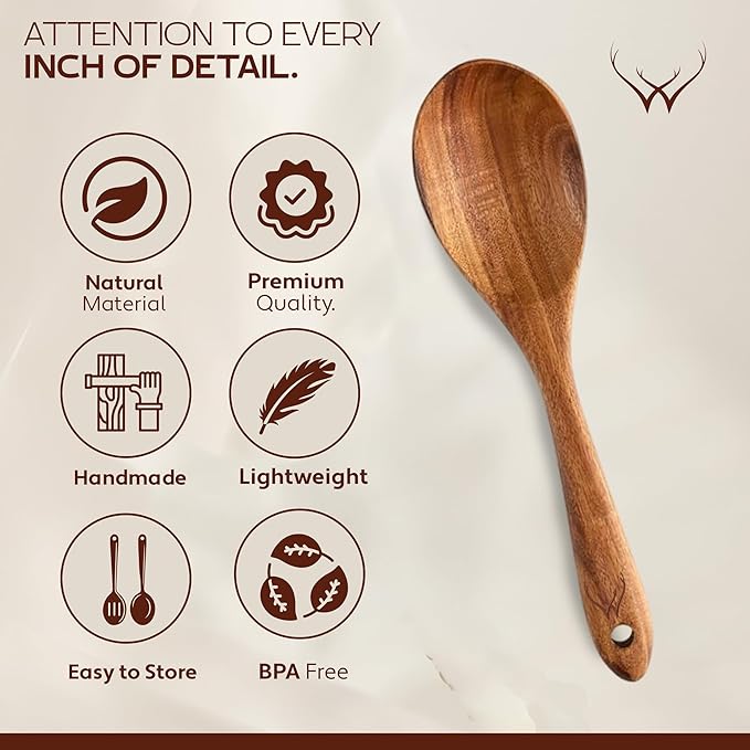 7 Pcs Teak Wooden Kitchen Utensils – Handcrafted Wooden Cooking Utensils Set with Holder, Elegant Wooden Spoons for Cooking & Timeless Utensil Set for Daily Use - Teak Utensils Set for Cooking