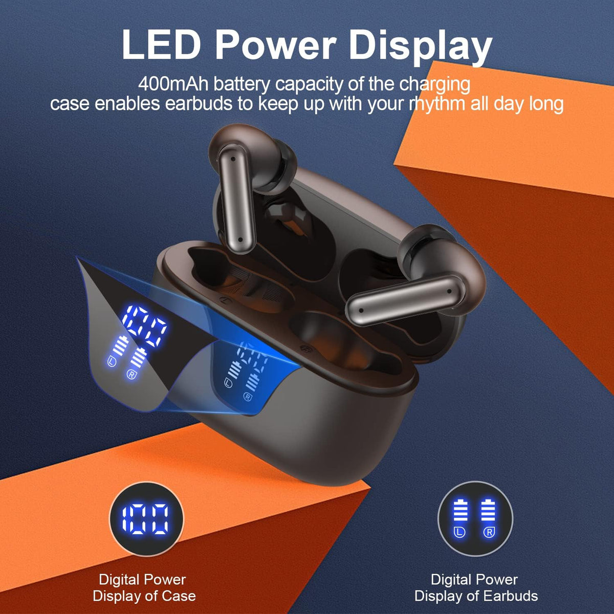 ZIUTY Wireless Earbuds Bluetooth Headphones, 50H Playtime Ear Buds with Mic, LED Digital Display Charging Case, IPX7 Waterproof, Deep Bass Stereo, in-Ear Earphone for iPhone Andriod Phone