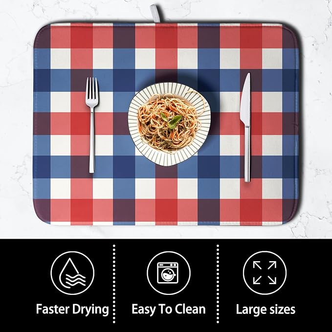 4th of July Dish Drying Mat Patriotic Buffalo Plaid Drying Mats for Kitchen Counter Absorbent Microfiber Dish Drainer Pad Independence Memorial Day Dish Draining Mat 16x18 Inch