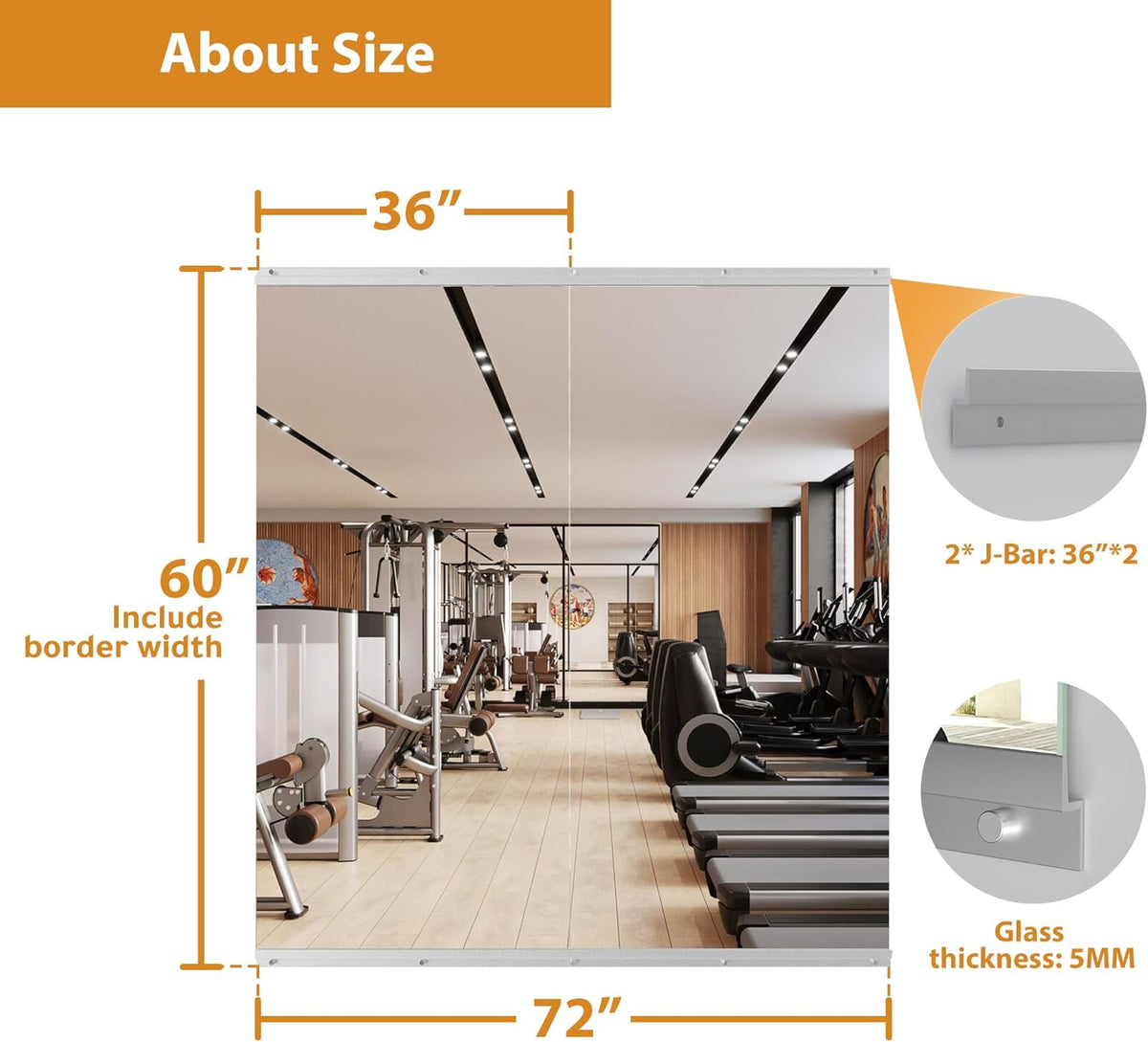 ROOMTEC Workout Mirrors for Home Gym 60"x36"-2PCS, Large Wall Mirror Full Length for Fitness, Yoga, Big Wall Mounted Frameless Glass Mirror for Garage, Dance Studio, Bedroom