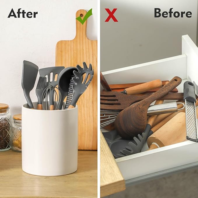 7" White Utensil Holder, Large Kitchen Utensil Holder Organizer , White Stable Utensil Crock Spatula Holder for Kitchen Counter Countertop Farmhouse Cooking Tools Holder