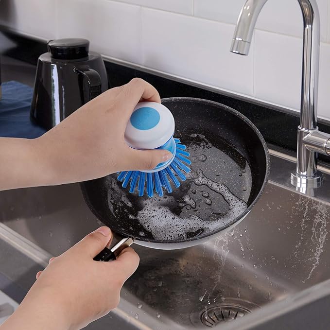 Dish Brush with Soap Dispenser for Dishes Pot Pan Kitchen Sink Scrubbing, Blue 2 Pack