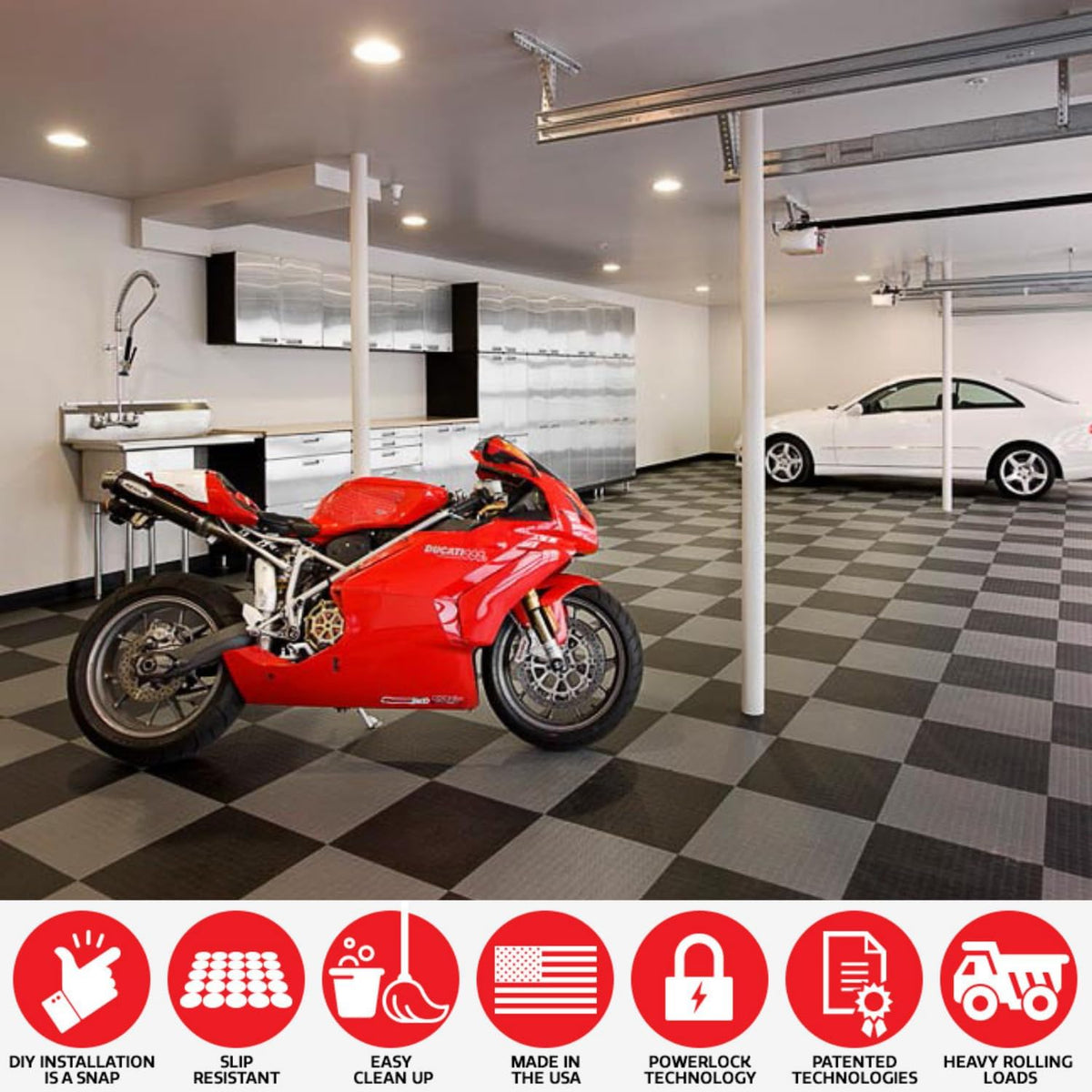 Big Floors GarageDeck Coin Pattern, Durable Copolymer Interlocking Modular Non-Slip Garage Flooring Tile (White, 48 Pack of 12 x 12" Tiles)